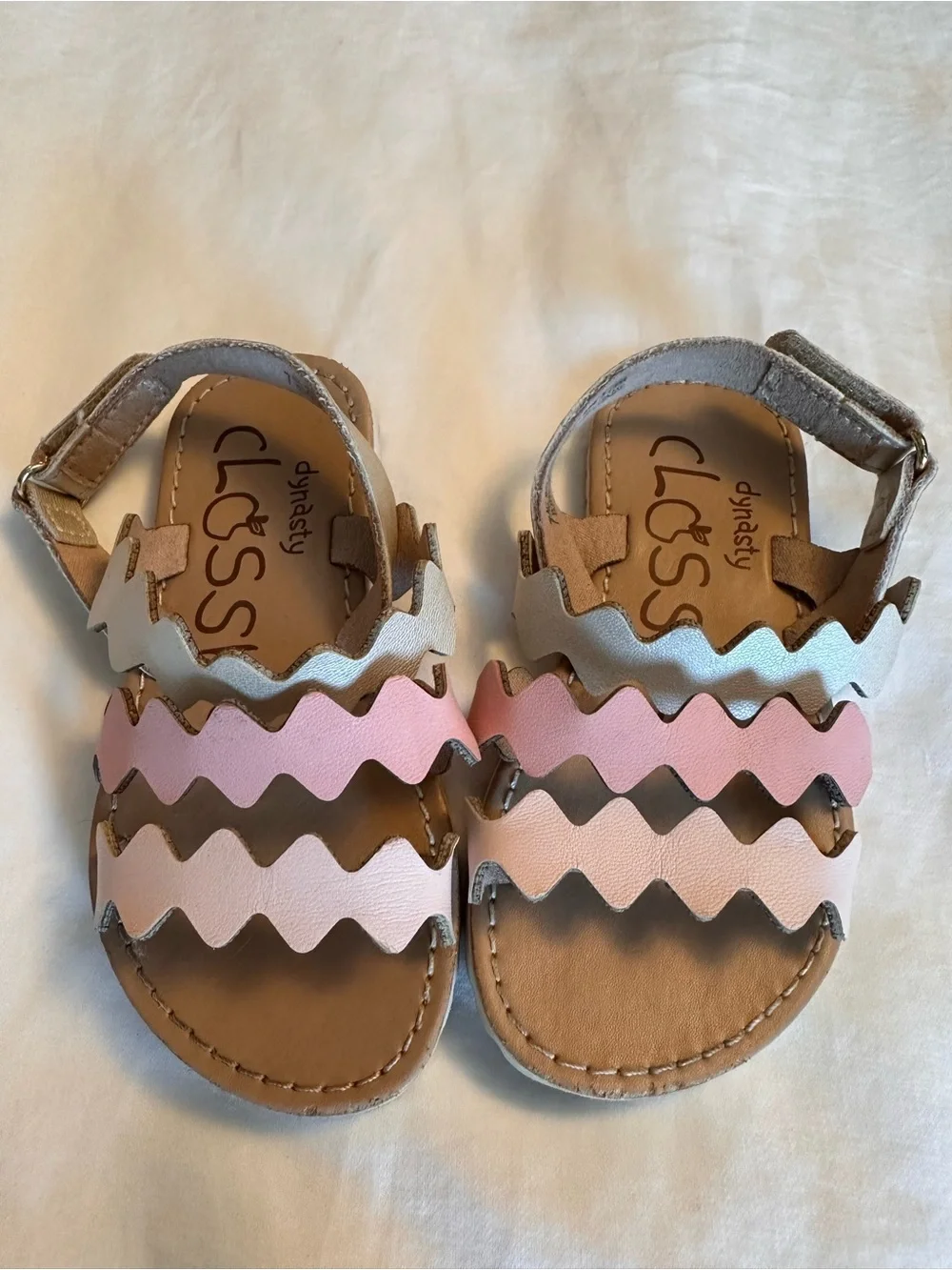 Kids' Pink & White Zigzag Leather Sandals